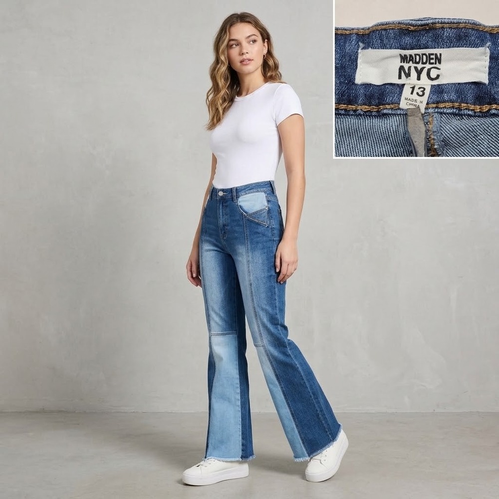 Madden NYC Flare Jeans Women 13 Blue Patchwork High Rise Raw Hem P001-13